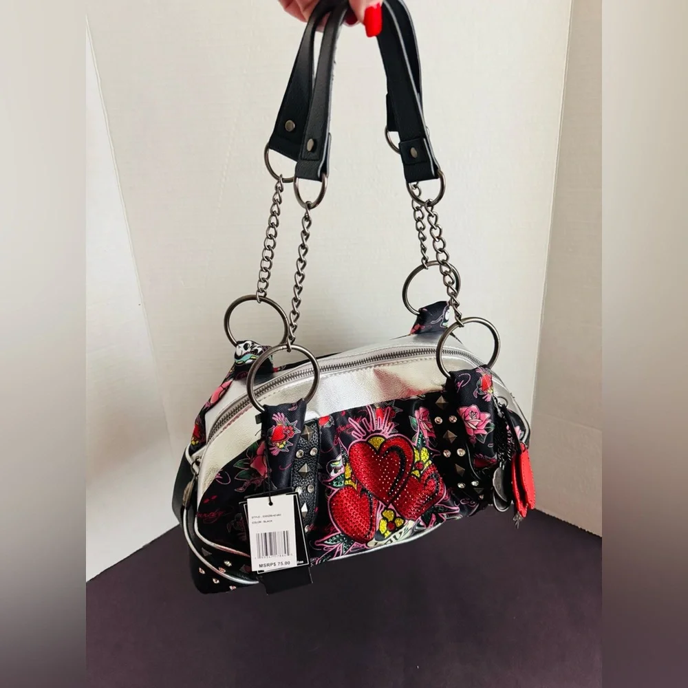 Ed hardy tattoo and Heart design Embellished satchel BNWT - Picture 2 of 12